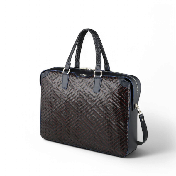 Athison Cartella Premia Large in Pelle Intrecciata, Blu / Bordeaux