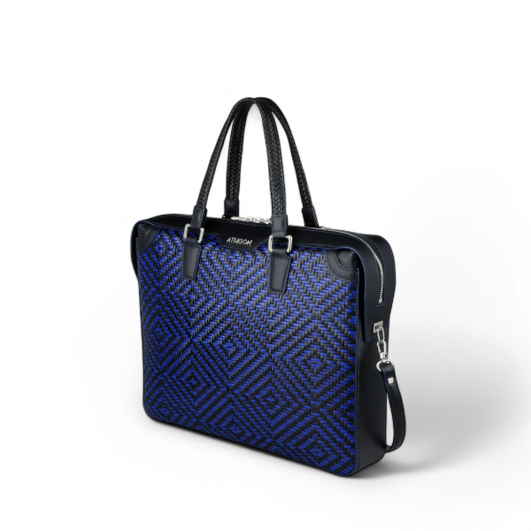 Athison Cartella Premia Medium in Pelle Intrecciata, Blu Elettrico