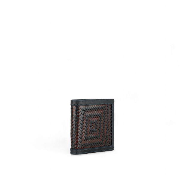 Athison Portafoglio in Pelle Intrecciata, Blu / Bordeaux