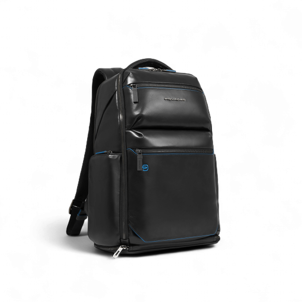 Piquadro Zaino in Pelle Porta PC 15.6", USB, Antifurto, Cover Pioggia, Portacasco, Nero