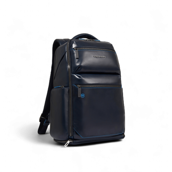 Piquadro Zaino in Pelle Porta PC 15.6", USB, Antifurto, Cover Pioggia, Portacasco, Blu