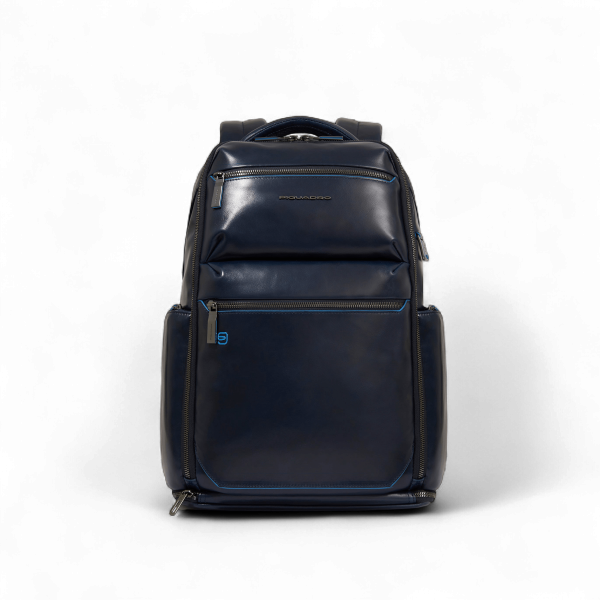 Piquadro Zaino in Pelle Porta PC 15.6", USB, Antifurto, Cover Pioggia, Portacasco, Blu