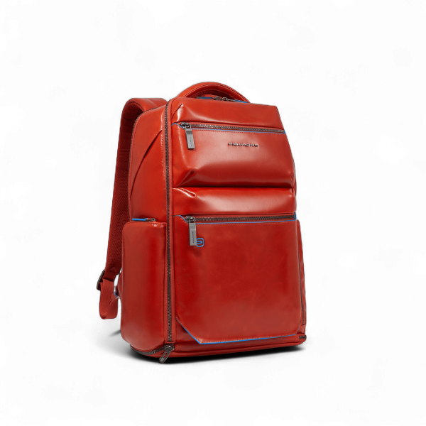 Piquadro Zaino in Pelle Porta PC 15.6", USB, Antifurto, Cover Pioggia, Portacasco, Arancio