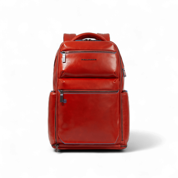Piquadro Zaino in Pelle Porta PC 15.6", USB, Antifurto, Cover Pioggia, Portacasco, Arancio
