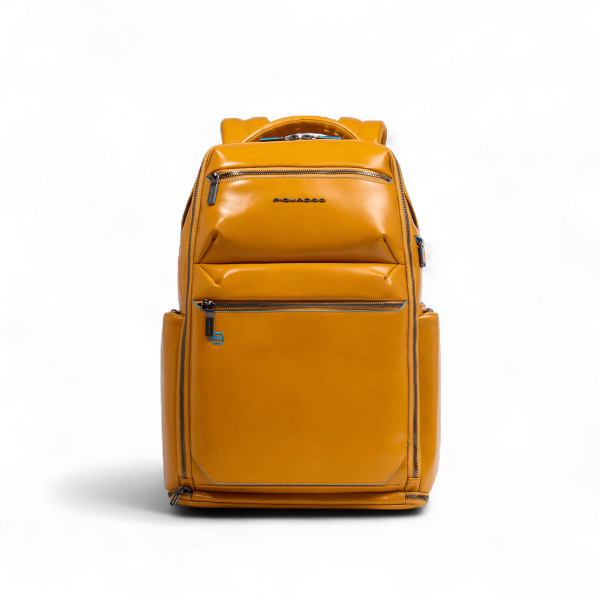 Piquadro Zaino in Pelle Porta PC 15.6", USB, Antifurto, Cover Pioggia, Portacasco, Giallo - CA6592B2BM‑G