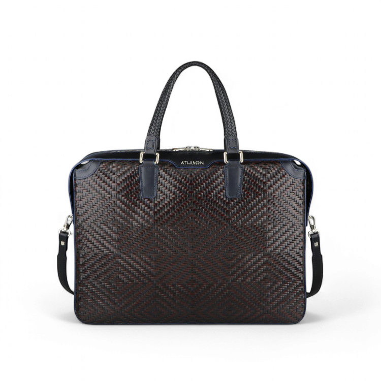 Athison Cartella Premia Large in Pelle Intrecciata, Blu / Bordeaux