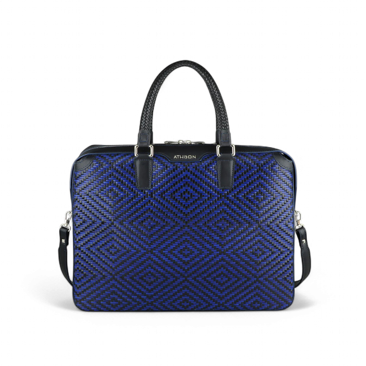 Athison Cartella Premia Large in Pelle Intrecciata, Blu Elettrico