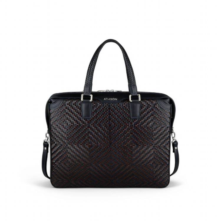 Athison Cartella Premia Medium in Pelle Intrecciata, Blu / Bordeaux